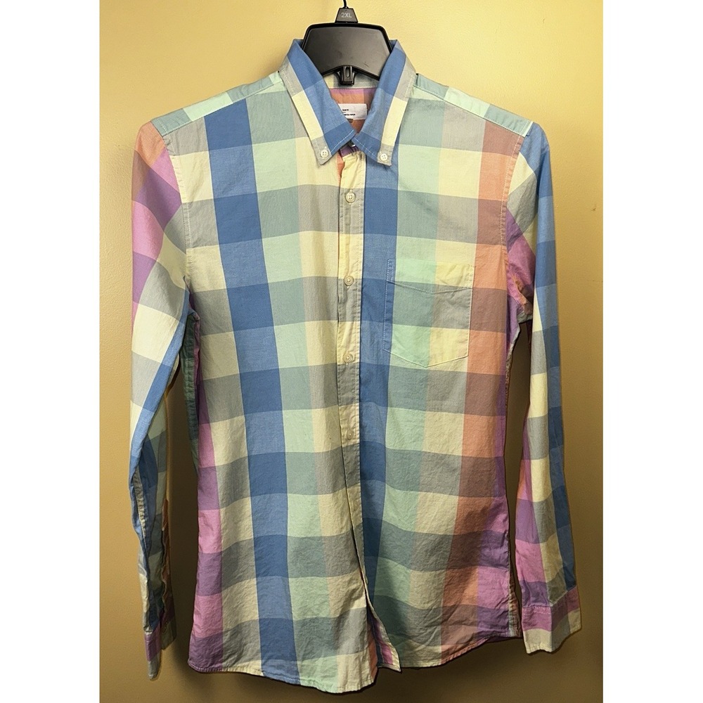Men's Gap Shirt Size M Slim Fit Long Sleeve Pastel Plaid Poplin Stretch Pocket